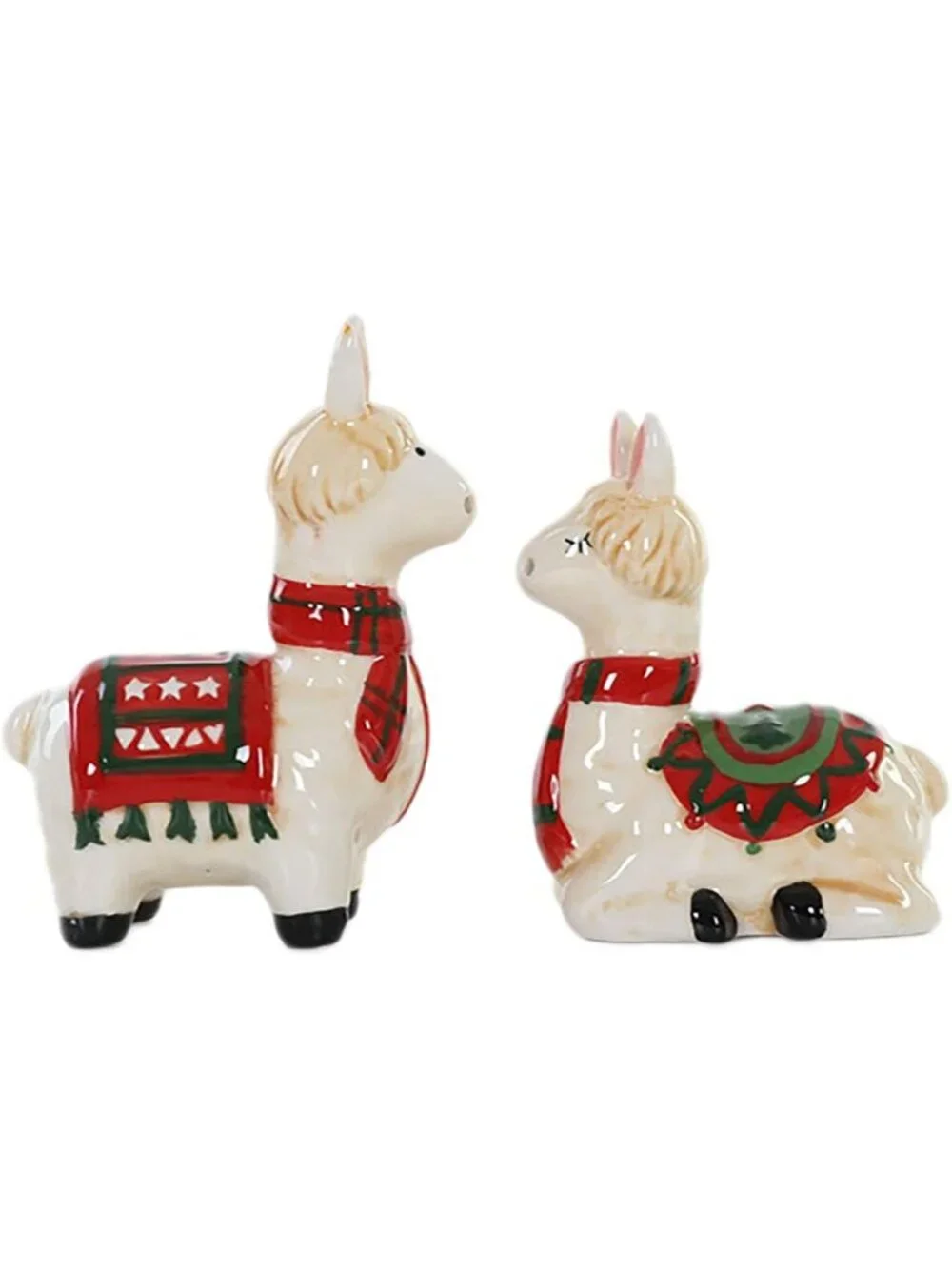 Ceramic Llama Salt & Pepper Shaker Set With Festive Red & Green Holiday Design